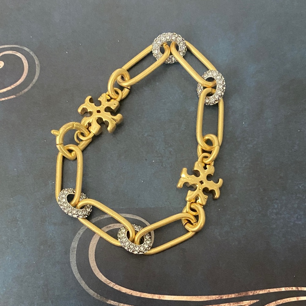 Gold Link Bracelet with Crystal Accents - Women's Jewelry